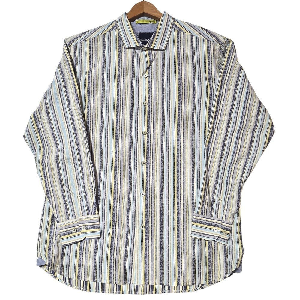 Tommy Bahama Mens Cotton Striped Long Sleeve Shirt Blue Yellow Resort Travel
